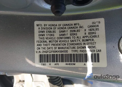 2019 Honda Civic Lx from USA, damaged, VIN 2HGFC2F69KH564500